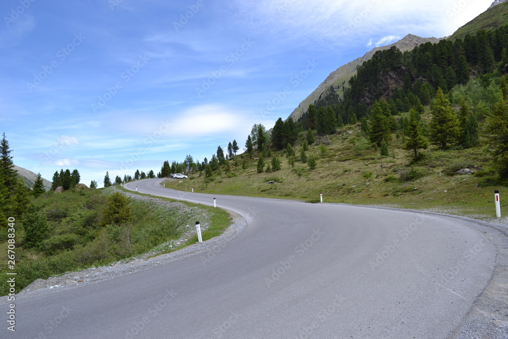 Mountain road in the Alps against the background of forest, green grass and blue sky.