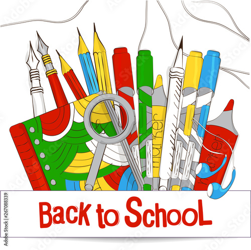 Back to school. The set of commodities for study and work. Layout for graphic design, advertising, web banners, printing. Vector illustration on the theme of education, training