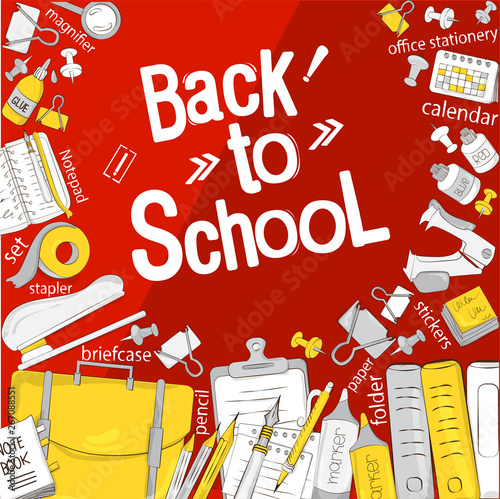 Back to school. The concept of school products. Suitable for graphic design, web banners, printing. Vector illustration on the theme of education, knowledge, learning photo