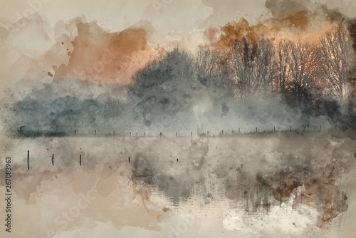 Watercolour painting of Landscape of lake in mist with sun glow at sunrise