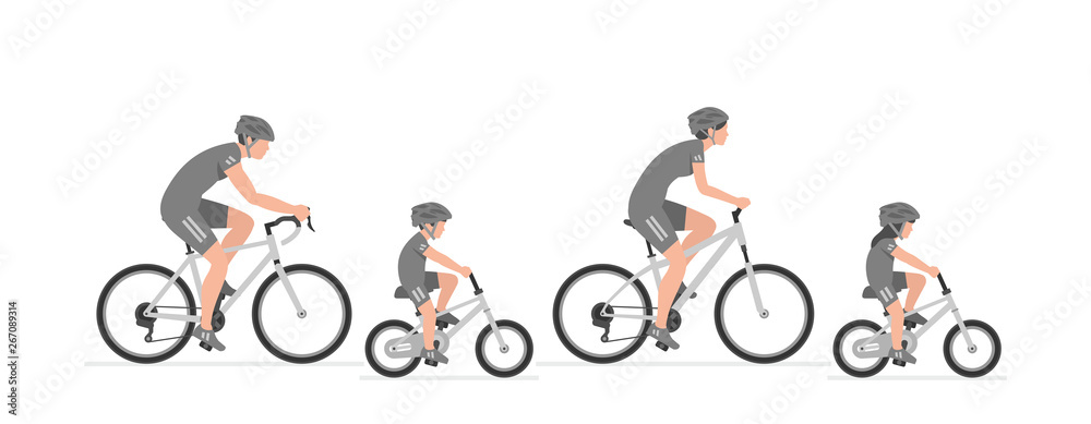 Obraz premium Happy family riding bicycle together. Group of people riding bikes. isolated on white background