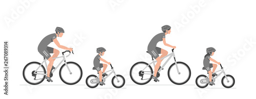 Happy family riding bicycle together. Group of people riding bikes. isolated on white background