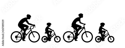 Happy family riding bicycle together. Group of people riding bikes. isolated on white background