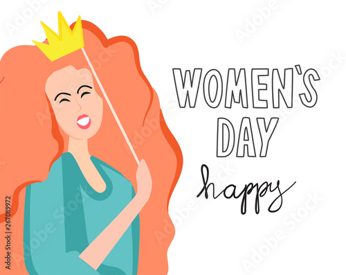 Postcard With the day of March 8 and a happy young girl with red hair trying on the crown of the Princess. Vector greeting template for banner, poster or flyer