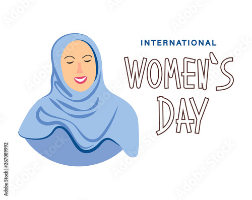 Banner international women's day and celebration of the liberation of women, equal rights. Beautiful Muslim woman dressed in hijab. The concept of different races and national dress. Vector illustrati