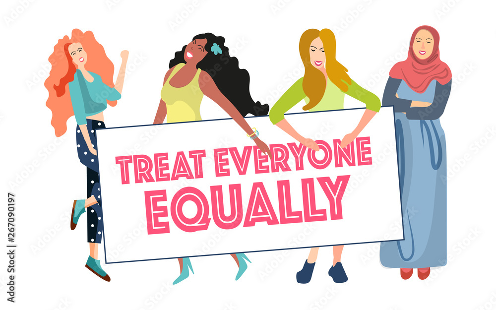 Women speak in demonstrations for equal rights of men and women, for gender  equality in social society. The concept of the poster feminism, girls  power, movement. Vector graphics for web Stock Vector