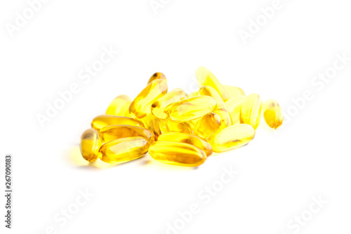 Fish oil capsules source of high omega-3 and vitamin for health care isolated on white background.