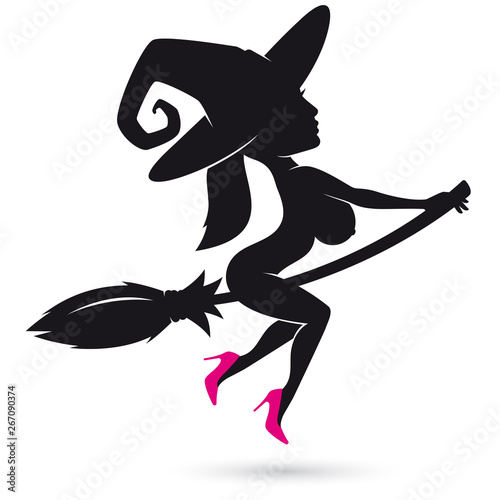 Vector silhouette of a beautiful sexy flying witch. Isolated on white background.