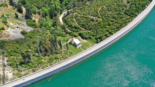 Aerial drone photo of famous lake and dam of Marathon or Marathonas with beautiful clouds and blue sky  North Attica  Greece