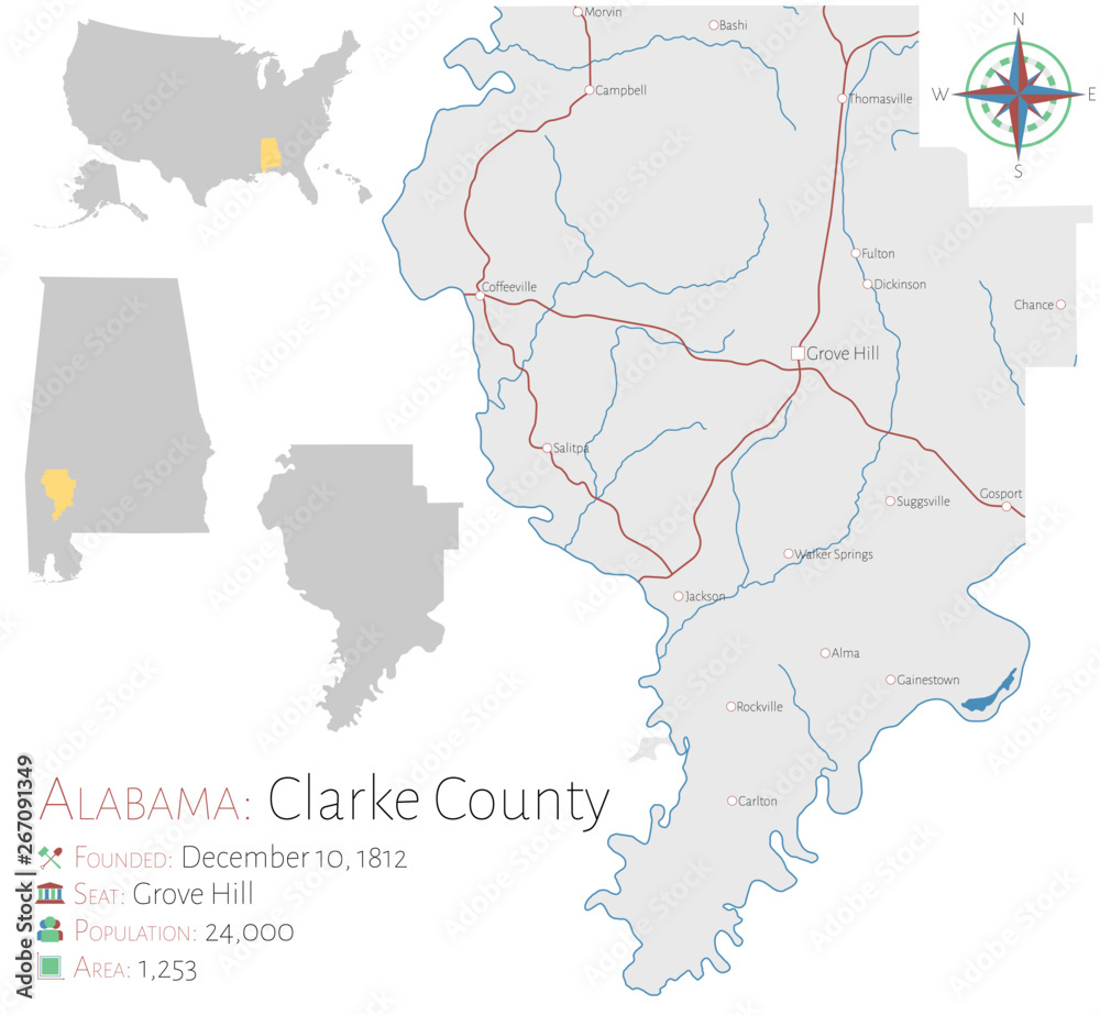 Large and detailed map of Clarke  county in Alabama, USA