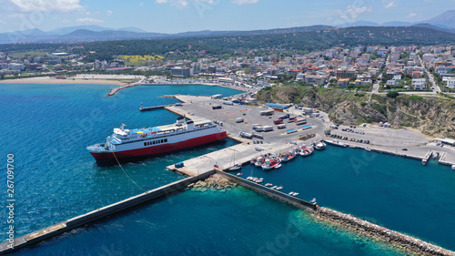 Fototapeta Naklejka Na Ścianę i Meble -  Aerial drone bird's eye panoramic view of famous port and city of Rafina with passenger ferries travel to Aegean islands, Attica, Greece