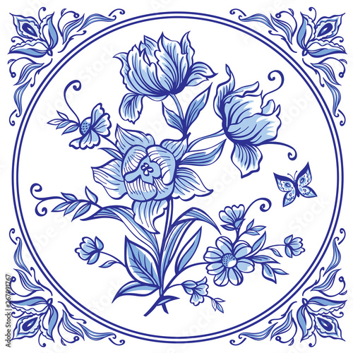 A bouquet of decorative flowers, tiles in blue colors in the Dutch style. List Delft, Gzhel, English porcelain. © Ollga P