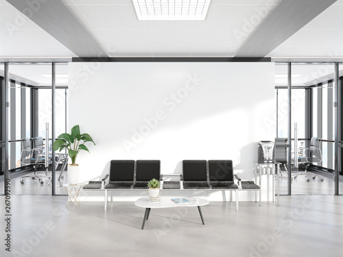 Fototapeta Naklejka Na Ścianę i Meble -  Blank white wall in concrete waiting room with large windows Mockup 3D rendering