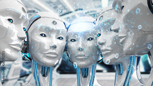 Group of female robots heads creating digital connection 3d rendering