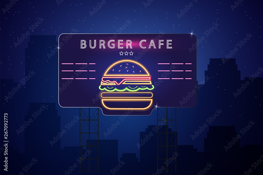 Neon burger Vector poster. Glowing sign dark city background. Fastfood