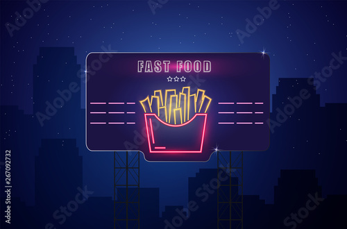 Neon fries Vector poster. Glowing sign dark city background. Fastfood light b...