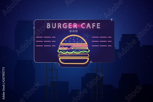Neon burger Vector poster. Glowing sign dark city background. Fastfood light ...