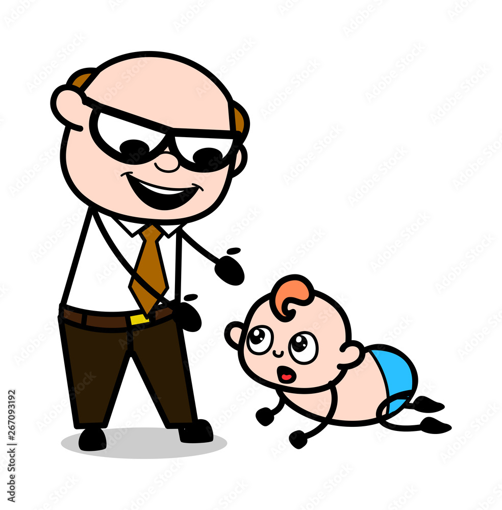 Baby Playing with Father - Retro Cartoon Father Old Boss Vector Illustration