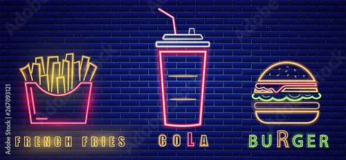 Fast food lunch menu neon billboard Vector. Glowing Fastfood light billboard symbol. Cafe menu templates