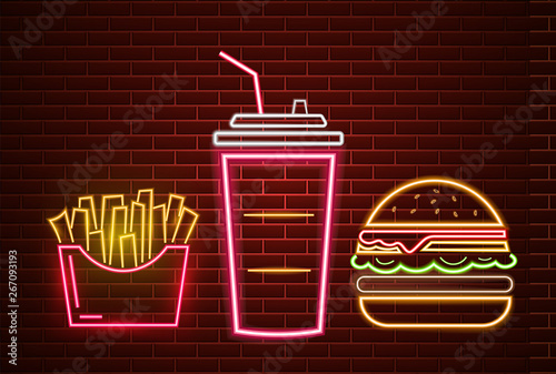 Fast food lunch menu neon billboard Vector. Glowing Fastfood light billboard symbol. Cafe menu templates