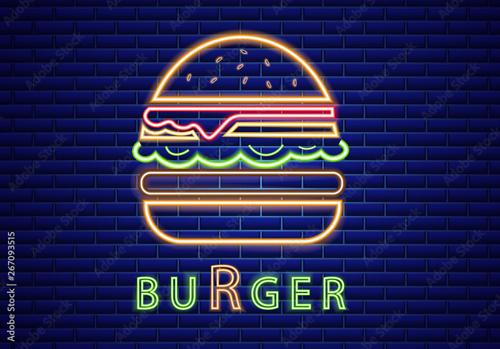 Neon burger Vector poster. Glowing sign fastfood light billboard symbol
