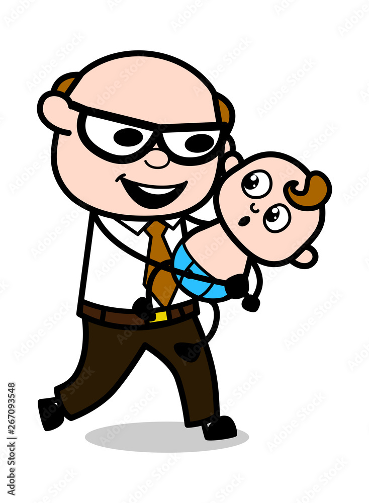 Playing with Baby - Retro Cartoon Father Old Boss Vector Illustration