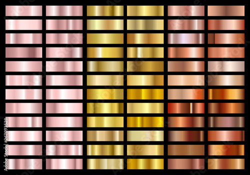 Set of gold rose, gold and copper foil texture gradation background. Metallic gradient swatches. Shiny Metal gradient palette collection. Isolated on black background. Vector illustration.