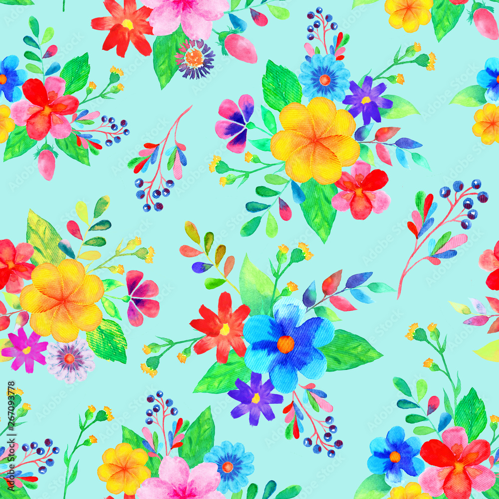 Seamless pattern of flower bouquets on a blue background. Hand-drawn watercolor illustration