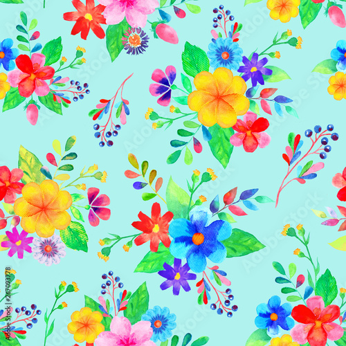 Seamless pattern of flower bouquets on a blue background. Hand-drawn watercolor illustration © TetianaKotova
