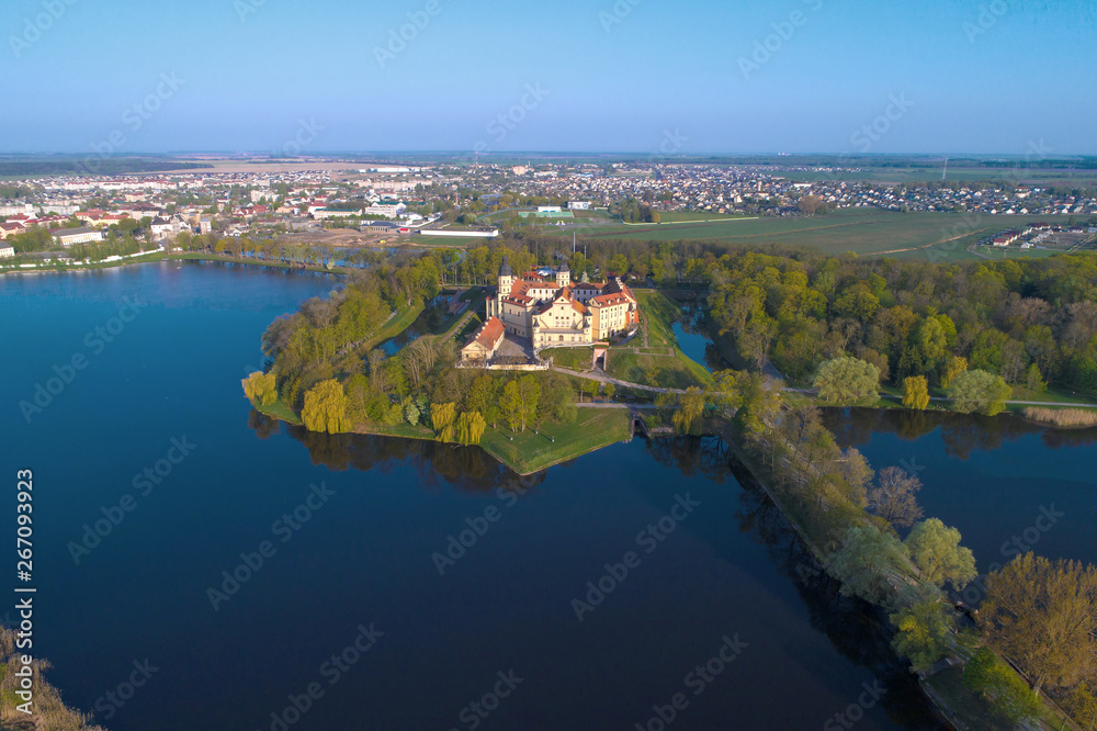View of the old Nesvizh Castle in the morning panorama (aerial survey). Belarus