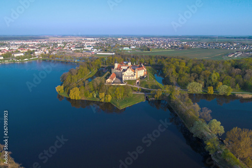 View of the old Nesvizh Castle in the morning panorama (aerial survey). Belarus