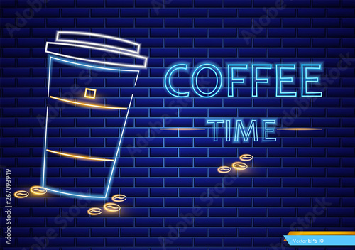 Coffee shop neon sign Vector. Glowing coffee cup to go symbol dark background. Cafe menu templates