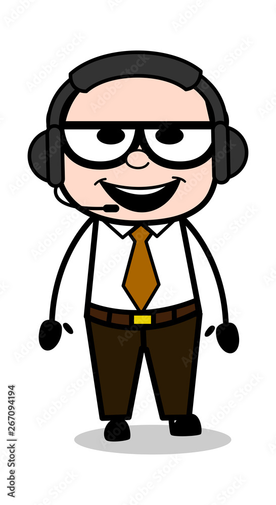 Wearing a Headset - Retro Cartoon Father Old Boss Vector Illustration