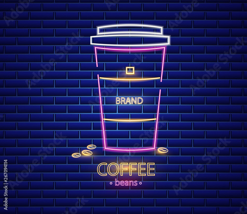Coffee shop neon sign Vector. Glowing coffee cup to go symbol dark background...