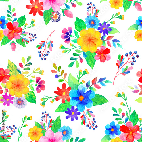 Seamless pattern of flower bouquets on white. Hand-drawn watercolor illustration