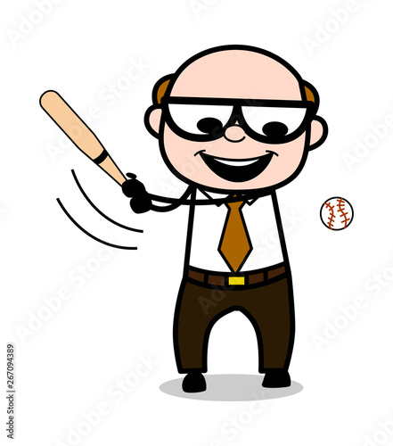 Playing Baseball - Retro Cartoon Father Old Boss Vector Illustration