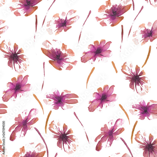 Seamless pattern watercolor illustration of flowers and flora on white background for print or design.
