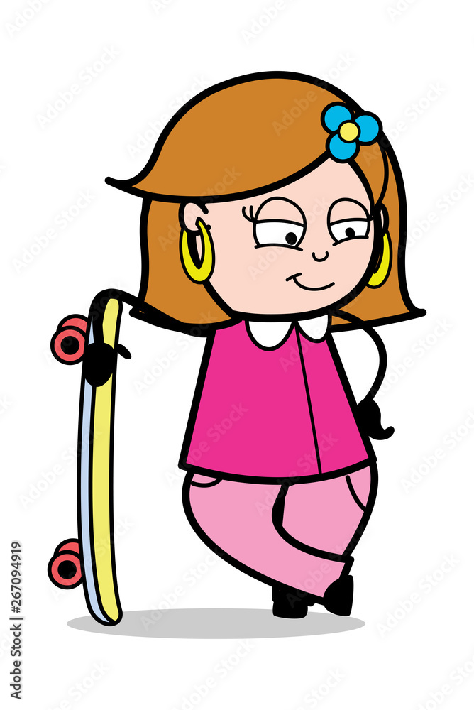 Standing with Skateboard - Retro Cartoon Female Housewife Mom Vector Illustration Standing with Skateboard - Retro Cartoon Female Housewife Mom Vector Illustration