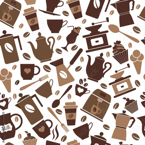 Colorful coffee icon set on white. Vector illustration. Seamless pattern.