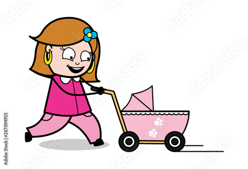 Walking with Baby Trolley - Retro Cartoon Female Housewife Mom Vector Illustration