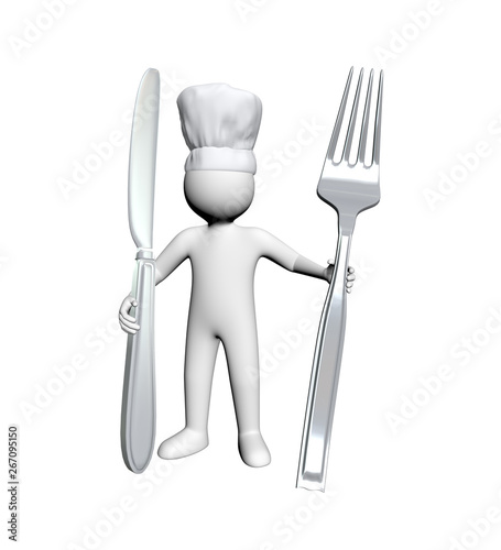 3d chef on holding fork and knife