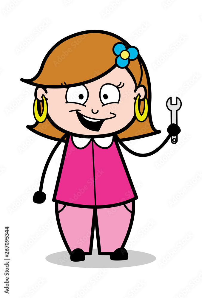 Showing a Wrench Tool - Retro Cartoon Female Housewife Mom Vector Illustration
