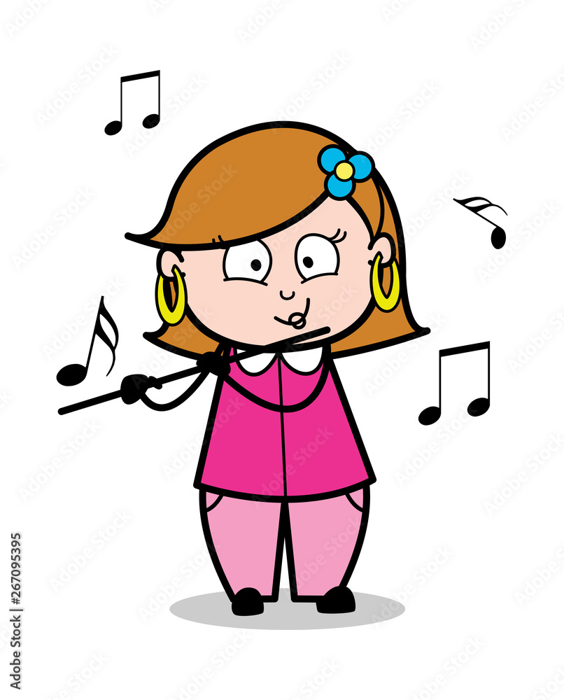 Playing Flute - Retro Cartoon Female Housewife Mom Vector Illustration