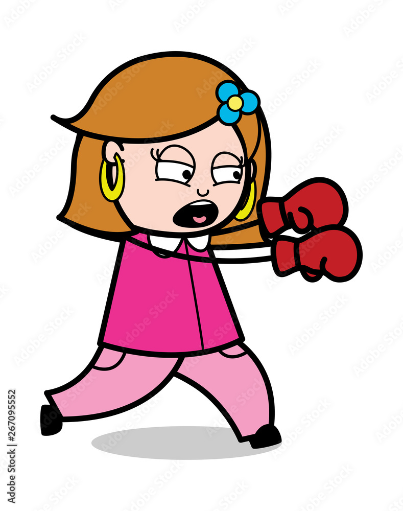 Punching - Retro Cartoon Female Housewife Mom Vector Illustration Punching - Retro Cartoon Female Housewife Mom Vector Illustration