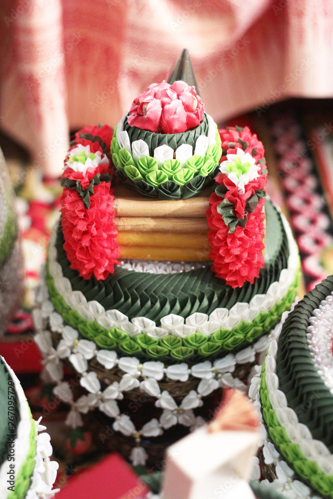 Beautiful flowers decoration on Engagement gold bowl for Thai engagement ceremony.Thai wedding culture tradition