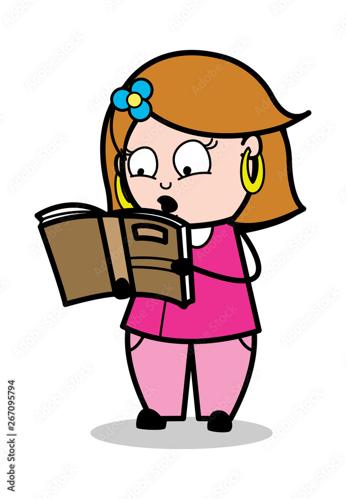 Reading Book - Retro Cartoon Female Housewife Mom Vector Illustration Reading Book - Retro Cartoon Female Housewife Mom Vector Illustration