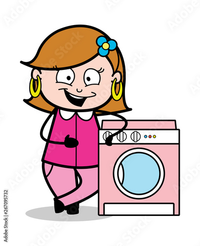 Saleswoman Presenting a Washing Machine - Retro Cartoon Female Housewife Mom Vector Illustration