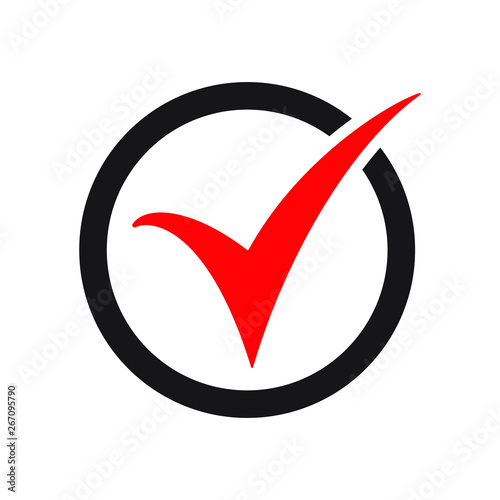 Red tick icon vector symbol, checkmark isolated on white background, checked icon or correct choice sign, check mark or checkbox pictogram