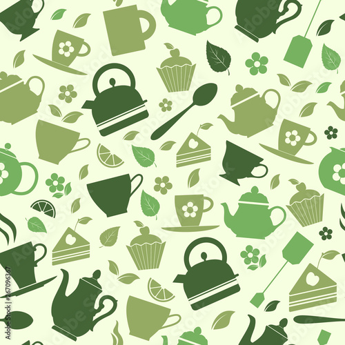 Green tea set vector icons on green background. seamless pattern.