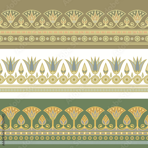 Seamless vector illustration of Egyptian national ornament with a lotus flower on white and green background.